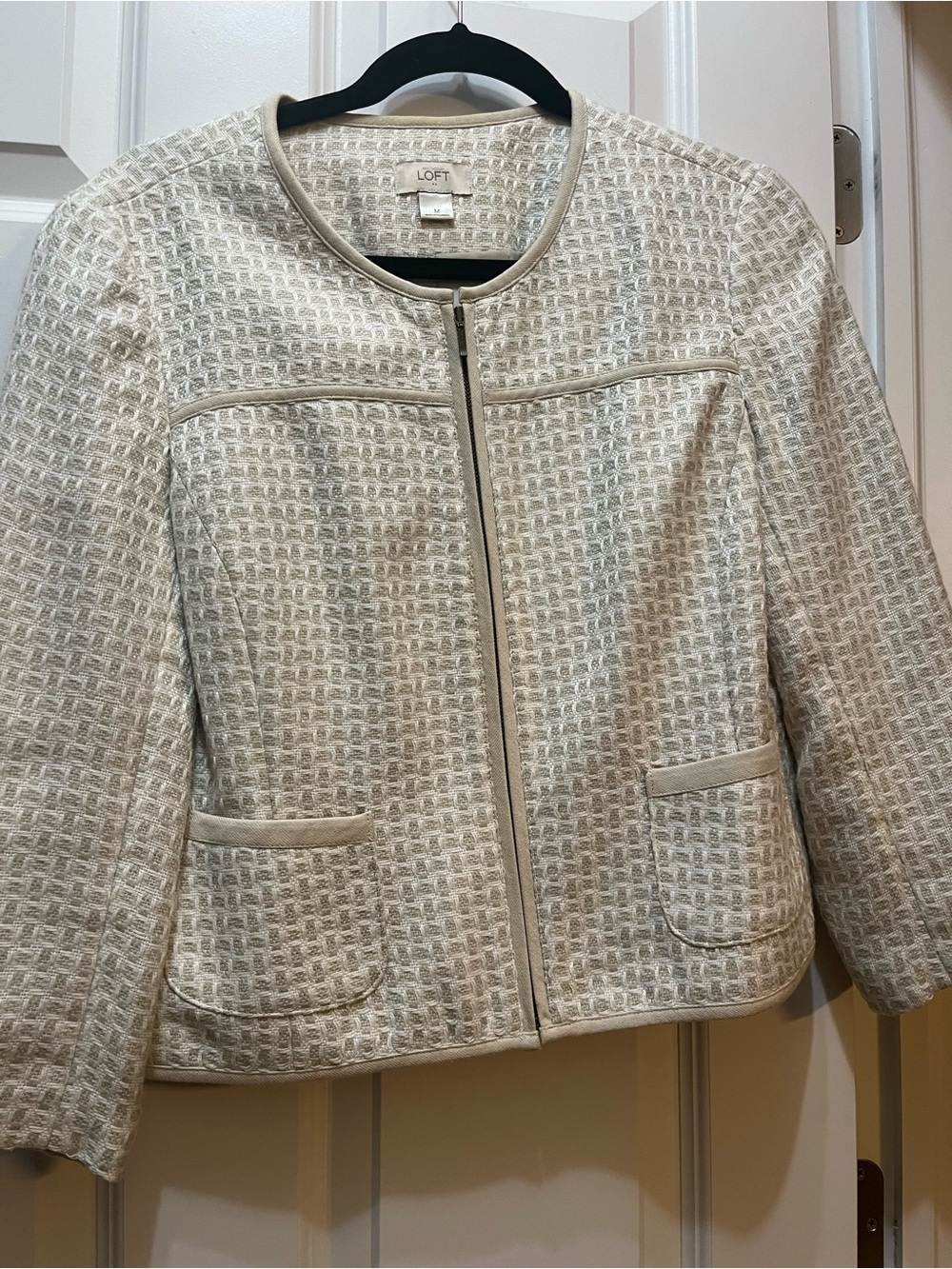 LOFT Cream Textured Zip Front Blazer Jacket